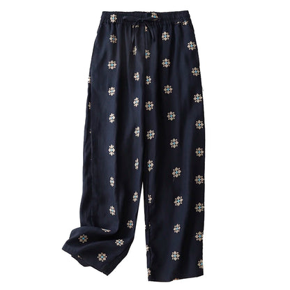 "Hanami" Pantalon femme en coton et lin imprimé | Taille haute, cordon ajustable, style décontracté été