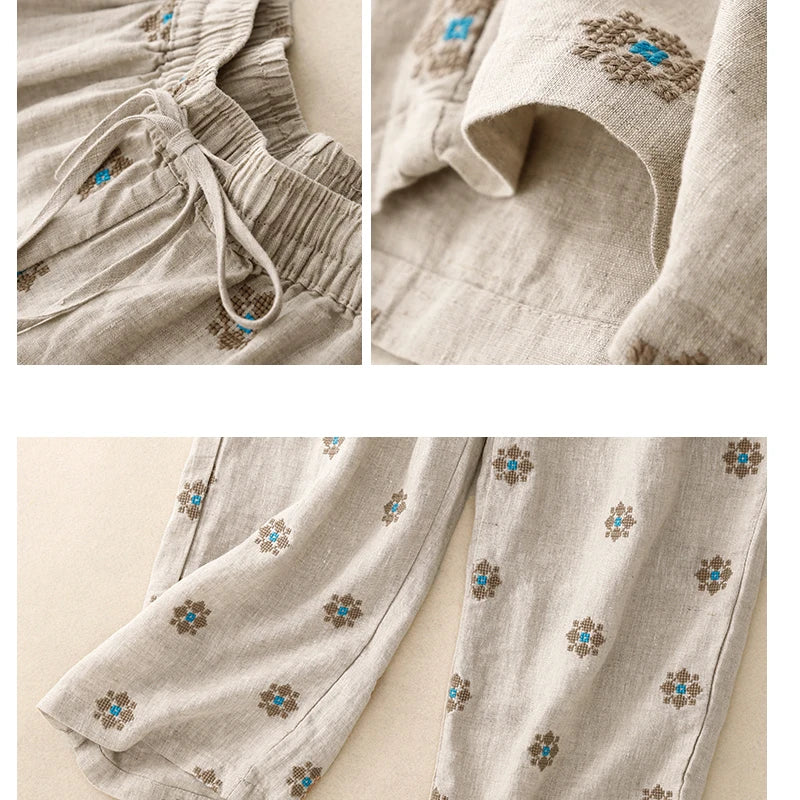 "Hanami" Pantalon femme en coton et lin imprimé | Taille haute, cordon ajustable, style décontracté été