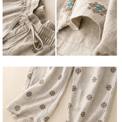 "Hanami" Pantalon femme en coton et lin imprimé | Taille haute, cordon ajustable, style décontracté été