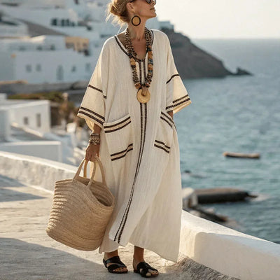 Robe Kaftan Longue Femme Coton Gaze Écru Rayures Ethniques