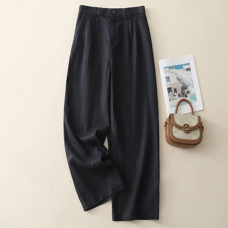 "Shizuka" Pantalon femme en lin et coton | Taille haute droite, style simple et élégant