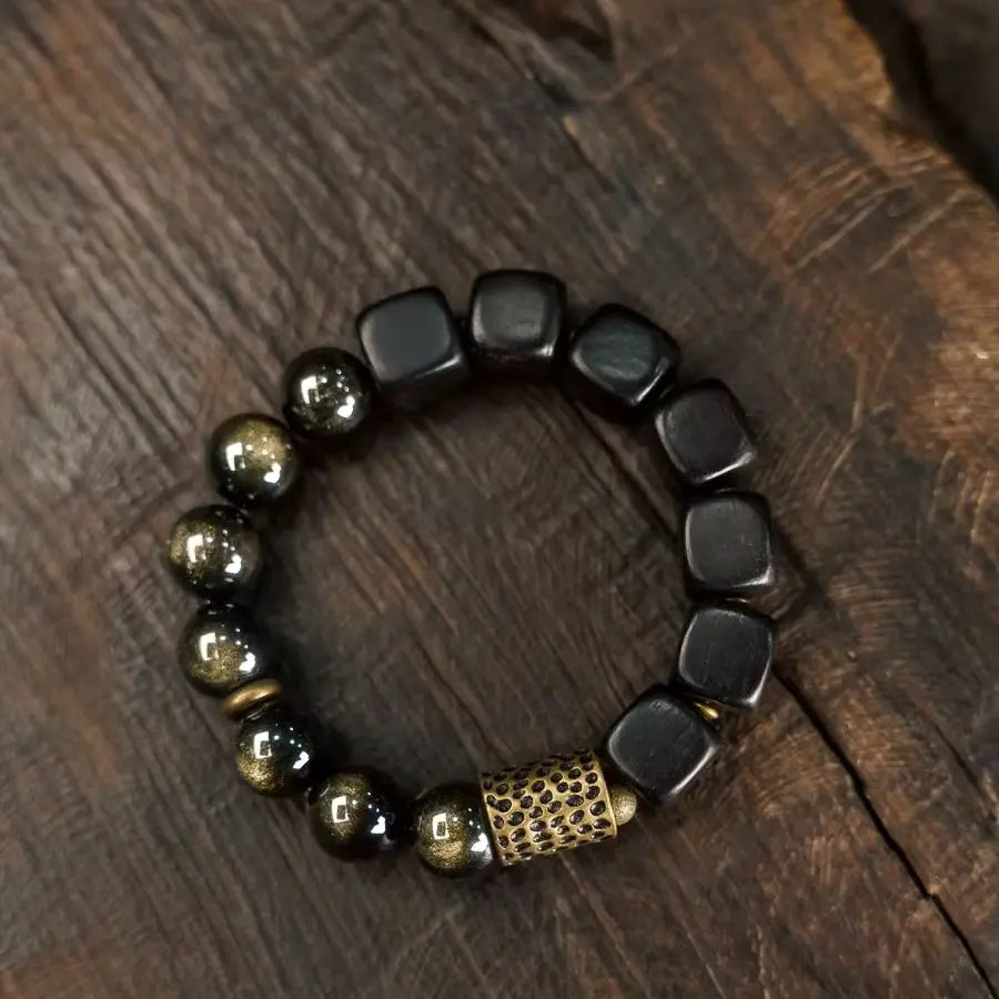 Bracelet Vintage Ébène et Obsidienne Dorée avec Accents de Laiton – Fait Main Unisexe