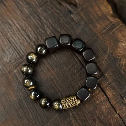Bracelet Vintage Ébène et Obsidienne Dorée avec Accents de Laiton – Fait Main Unisexe