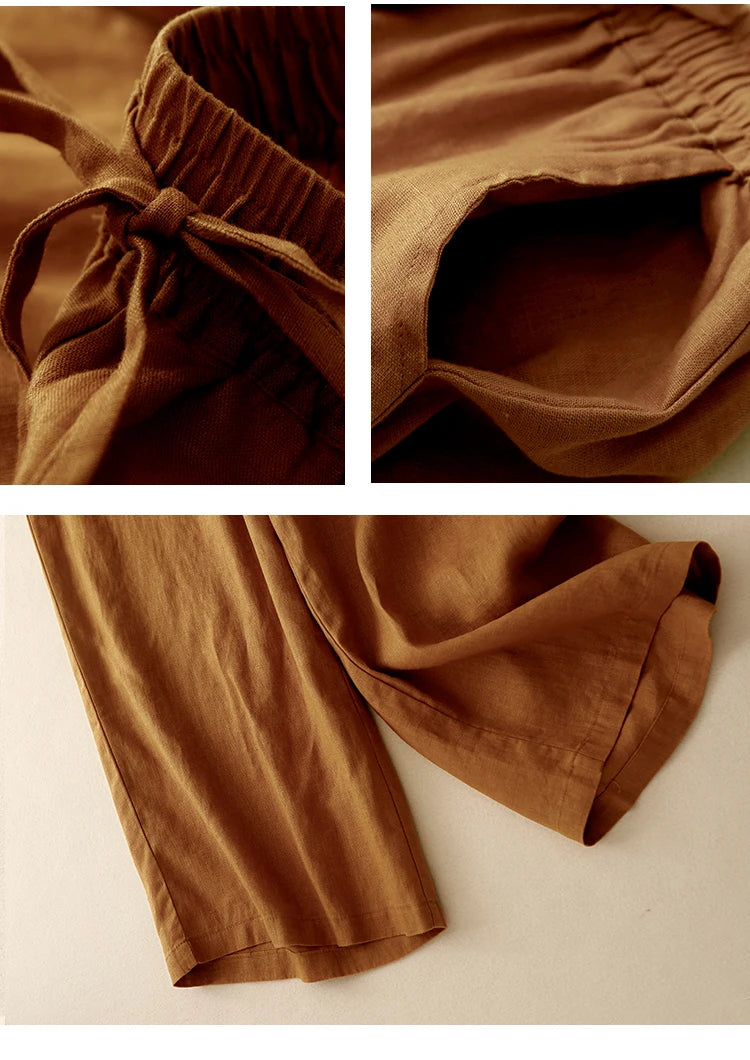 "Hikari" Pantalon large femme en coton et lin | Taille haute fluide, simple et élégant