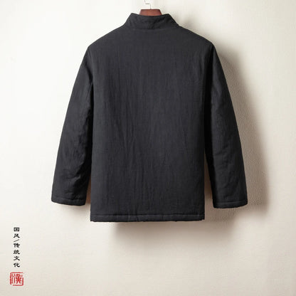 Vue de dos de la veste Hanfu noire en coton texturé, coupe droite et style zen minimaliste.