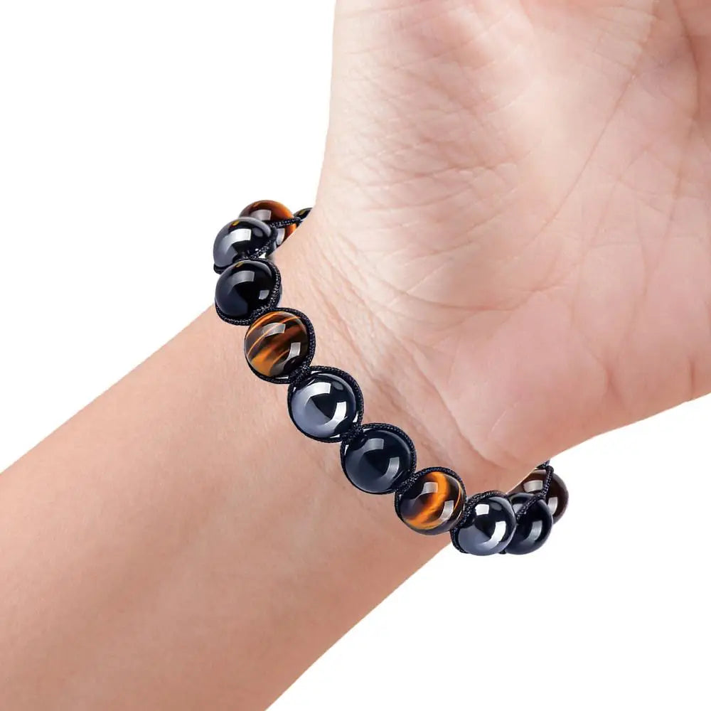 Pulsera Fuerza Aurica - Triple Protección en Piedras Naturales Ónix, Hematites y Ojo de Tigre