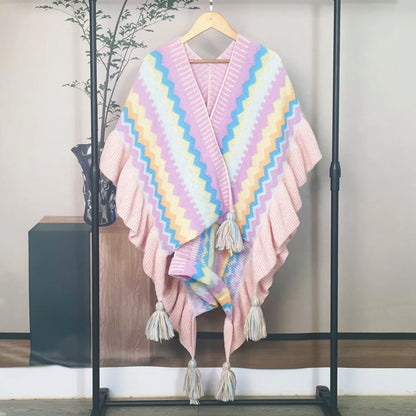 Poncho Bohème à Rayures Multicolores et Franges