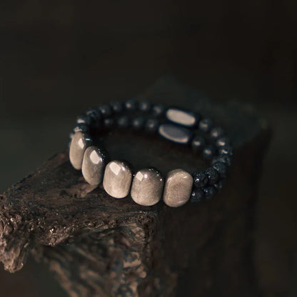 Bracelet Deux Rangs Obsidienne Plate, Pierre de Lave et Ébène – Style Punk Unisexe