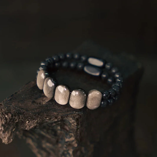 Bracelet Deux Rangs Obsidienne Plate, Pierre de Lave et Ébène – Style Punk Unisexe