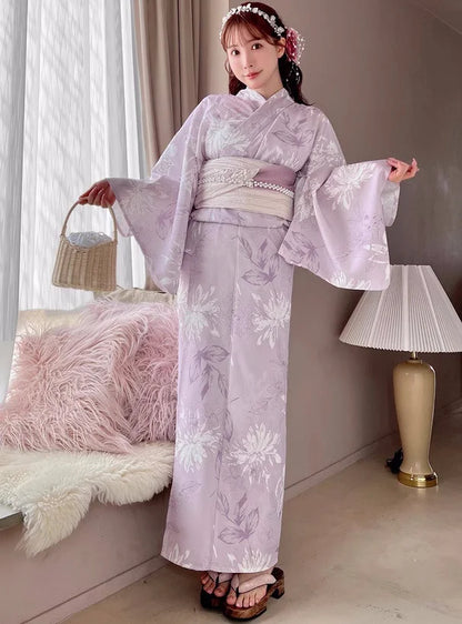 Lavender Floral Two-Piece Yukata | Lightweight Fabric Japanese Summer Kimono