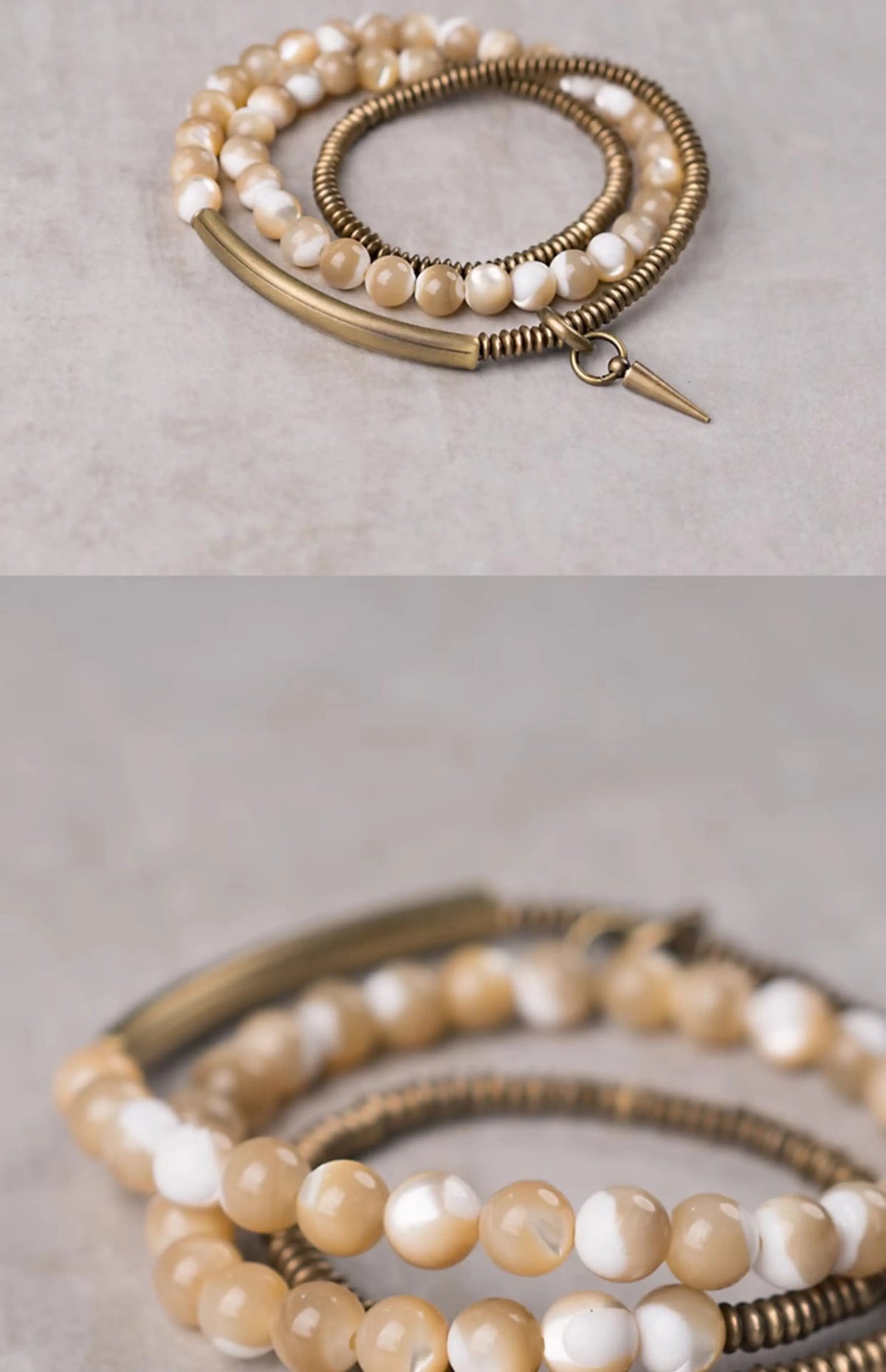 Bracelet Triple Tour Coquillage Naturel 6 mm et Laiton Vintage – Bohème pour Femme