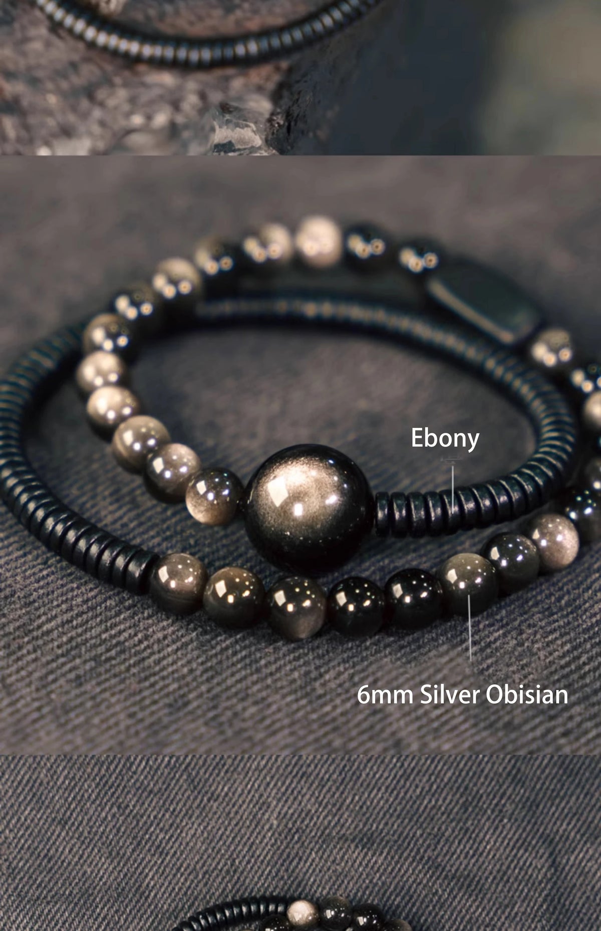 Bracelet Deux Rangs Pierres d'Obsidienne et Perles d'Ébène – Simple, Duo de Couple