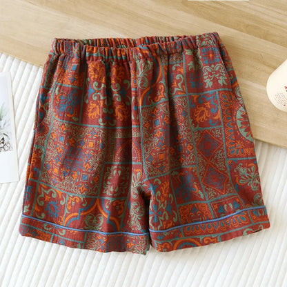 Short de pyjama femme en coton rouge avec motifs géométriques et floraux vintage japonais
