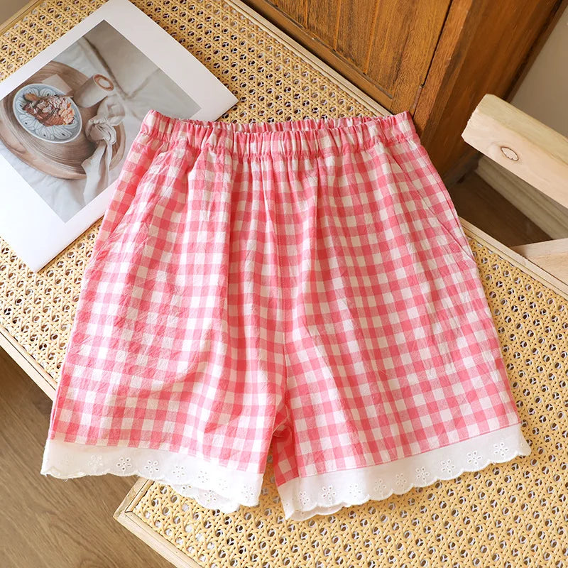 Short de Pyjama en Gaze de Coton et Dentelle
