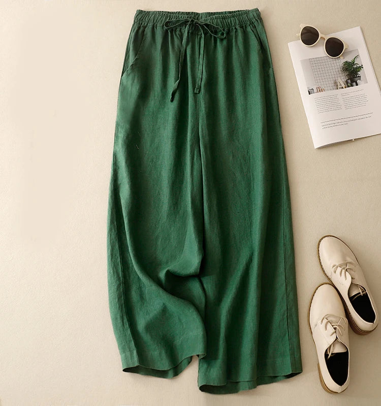 "Hikari" Pantalon large femme en coton et lin | Taille haute fluide, simple et élégant