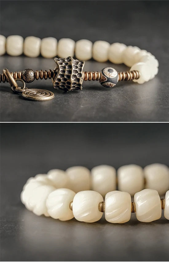 Bracelet Double Rang Os de Yak Tibétain et Cuivre Martelé – Paix et Énergie Positive