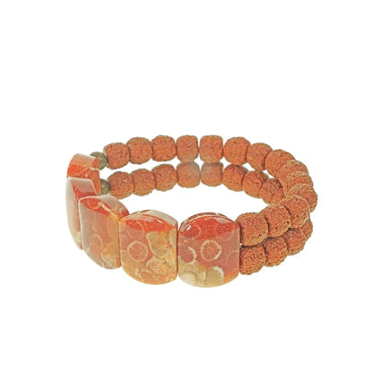 Bracelet Double Rang Rudraksha, Pierre Corail et Laiton – Bijou Oriental de Couple