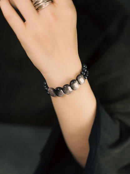 Bracelet Deux Rangs Obsidienne Plate, Pierre de Lave et Ébène – Style Punk Unisexe