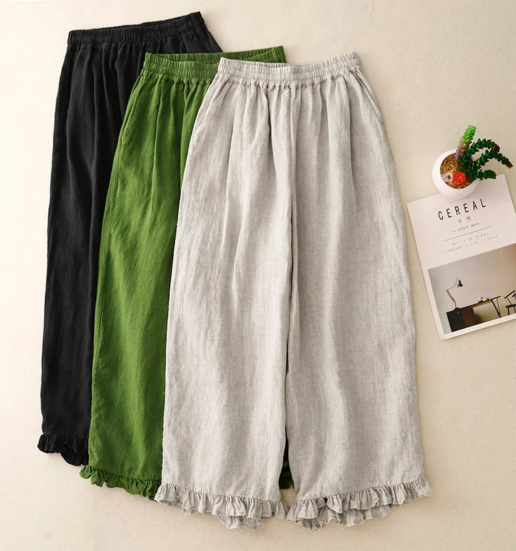 "Midori" Pantalon femme en coton et lin | Taille haute large, ourlet volant chic et léger