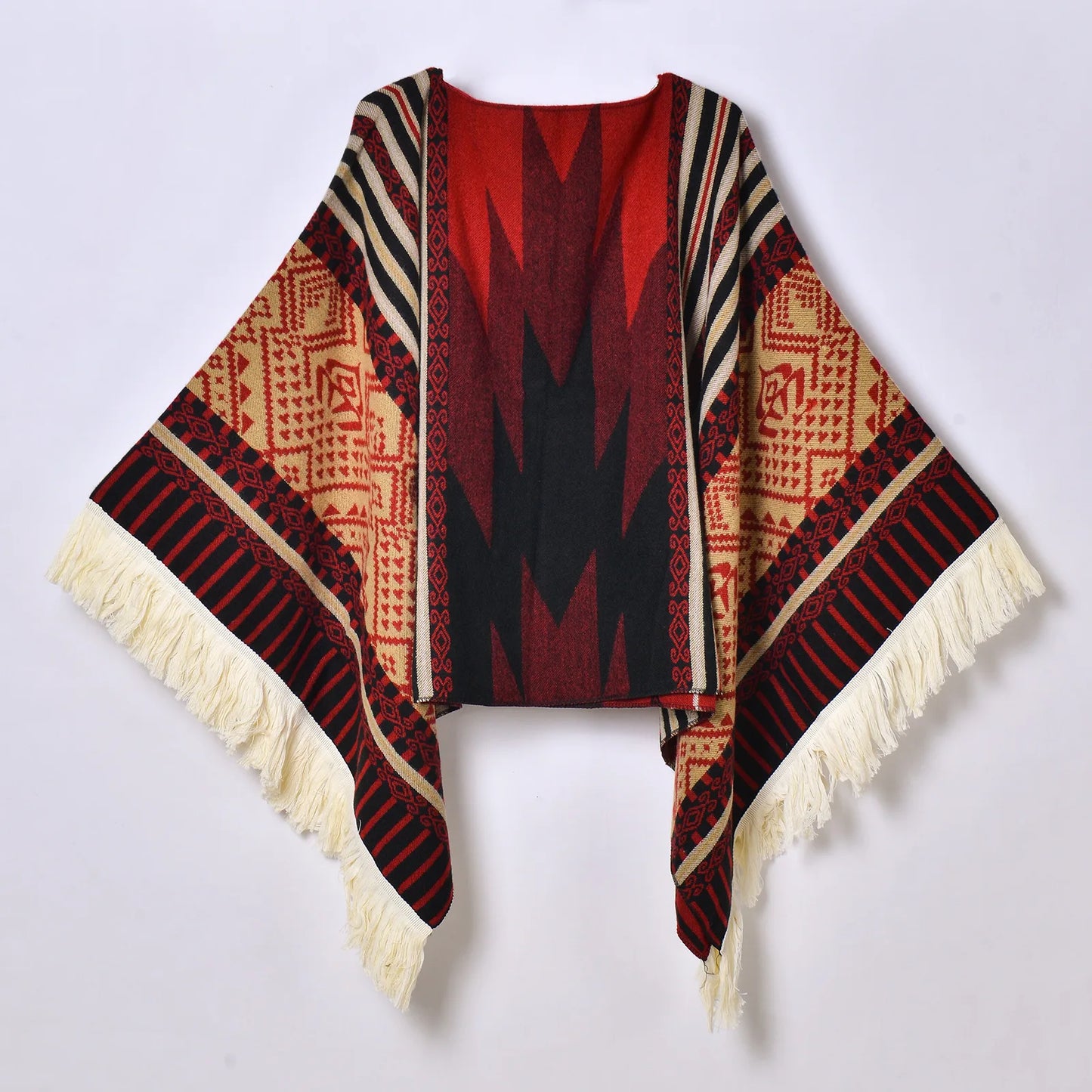 Poncho Ethnique à Franges - Style Bohème & Jacquard