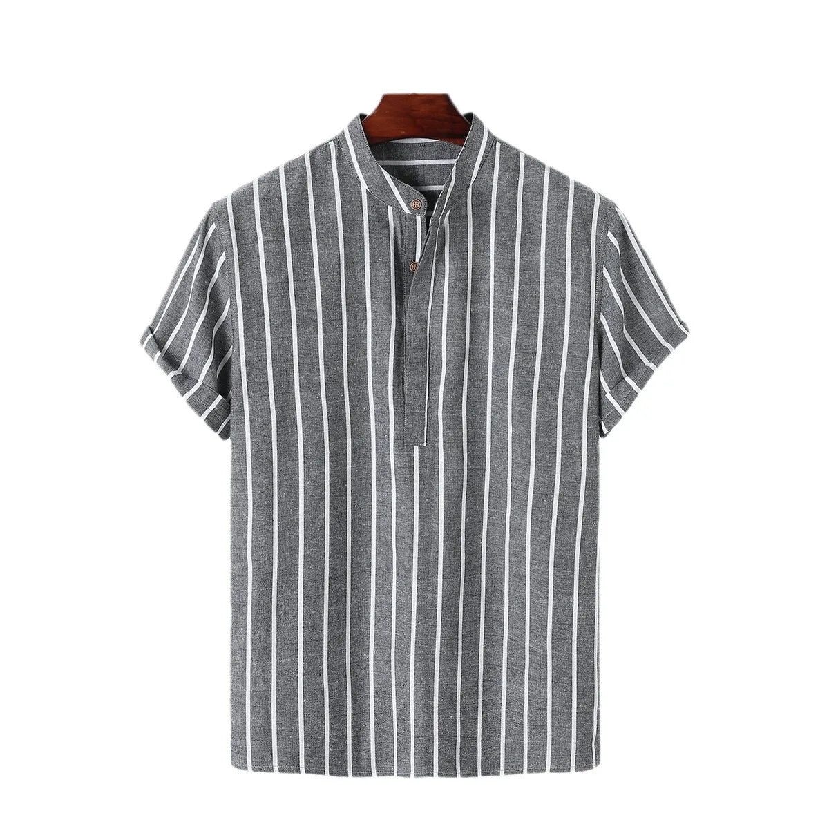 "Hayato" Chemise homme en coton et lin | Col Mao, manches courtes, rayures estivales