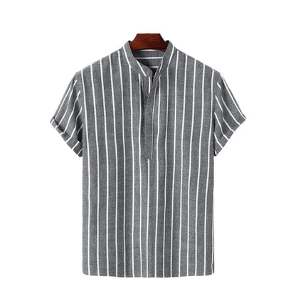 "Hayato" Chemise homme en coton et lin | Col Mao, manches courtes, rayures estivales