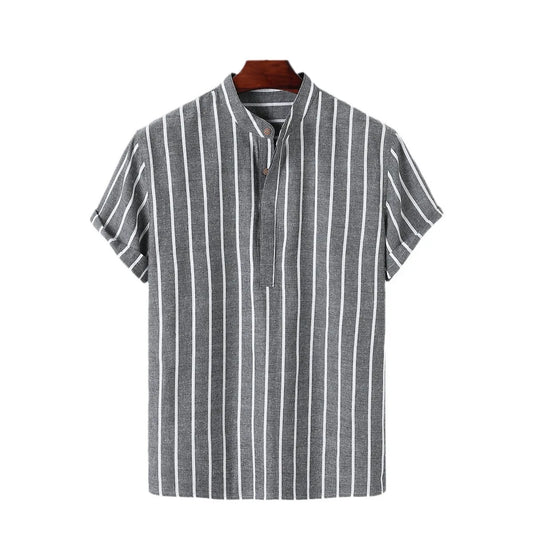 "Hayato" Chemise homme en coton et lin | Col Mao, manches courtes, rayures estivales