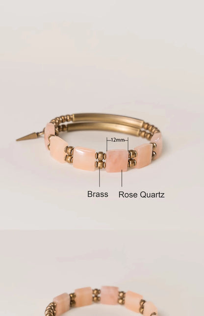 Bracelet Double Rang Quartz Rose Carré et Laiton Vintage – Cadeau pour Femme