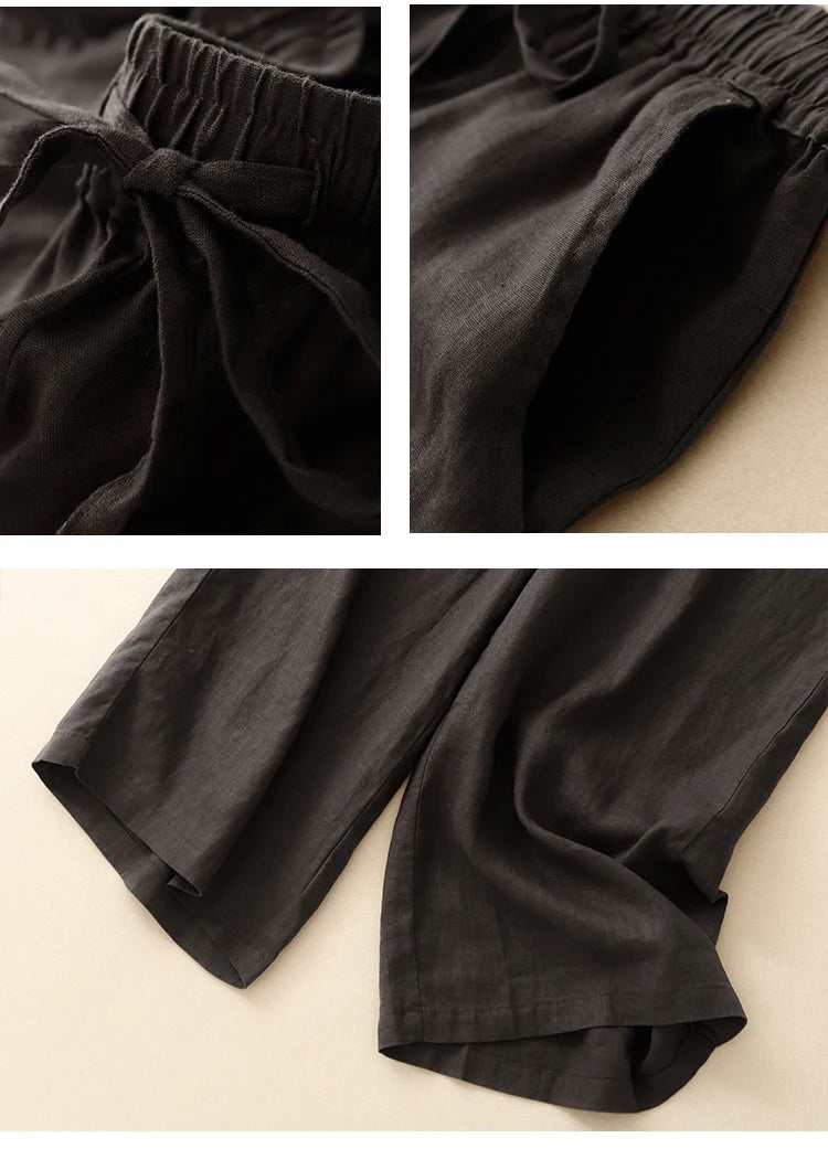 "Hikari" Pantalon large femme en coton et lin | Taille haute fluide, simple et élégant