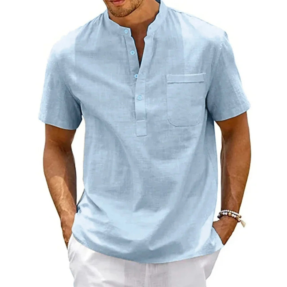 "Haruto" Chemise homme en coton et lin | Col tunisien, manches courtes, style estival