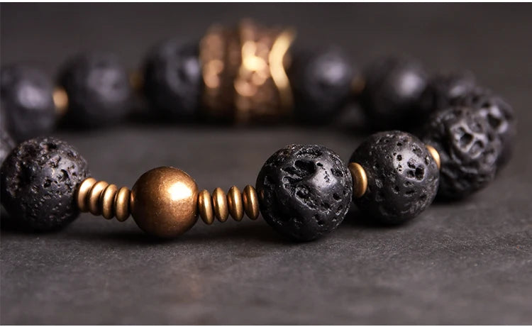 Bracelet Homme Pierre de Lave Volcanique et Laiton Vintage – Diffuseur d'Huiles, Jusqu'au 22 cm