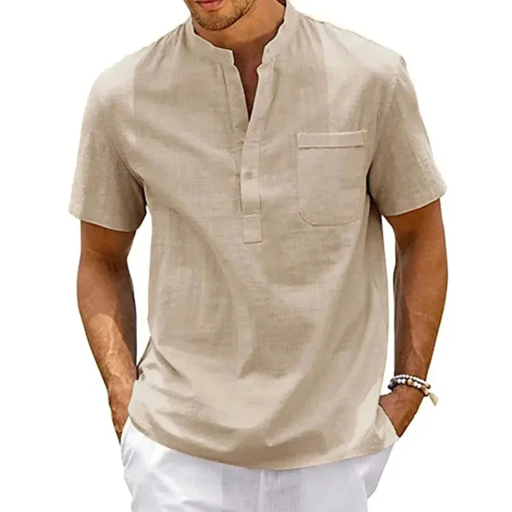 "Haruto" Chemise homme en coton et lin | Col tunisien, manches courtes, style estival