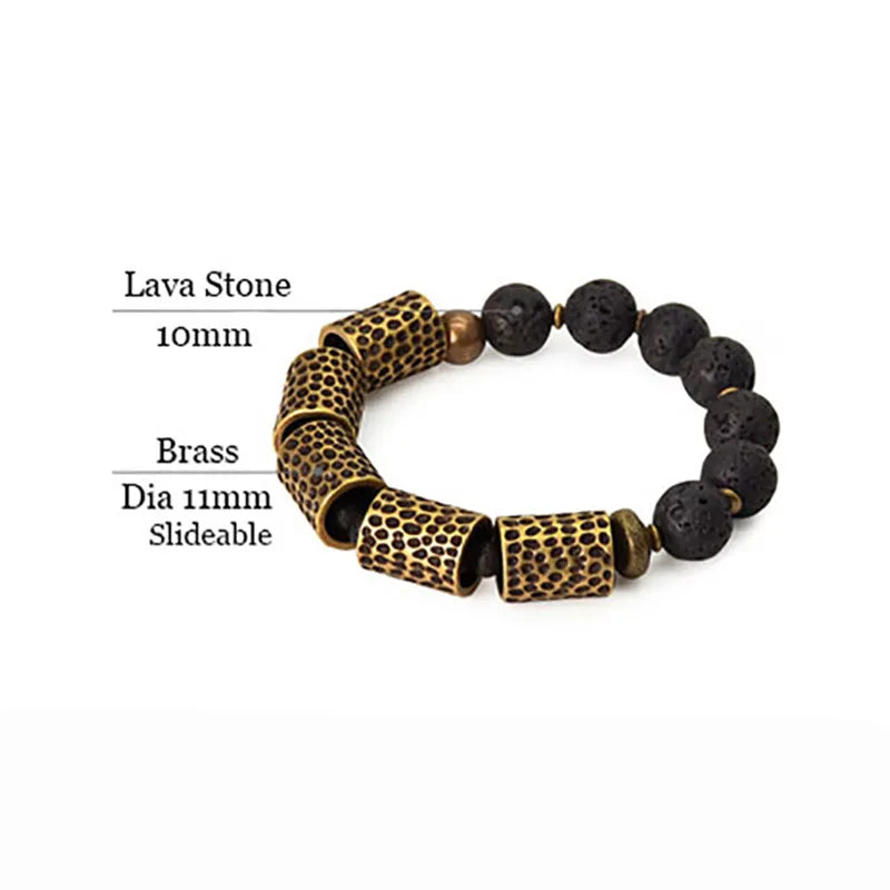 Bracelet Pierre de Lave et Tubes de Laiton Martelé – Style Rock Unisexe