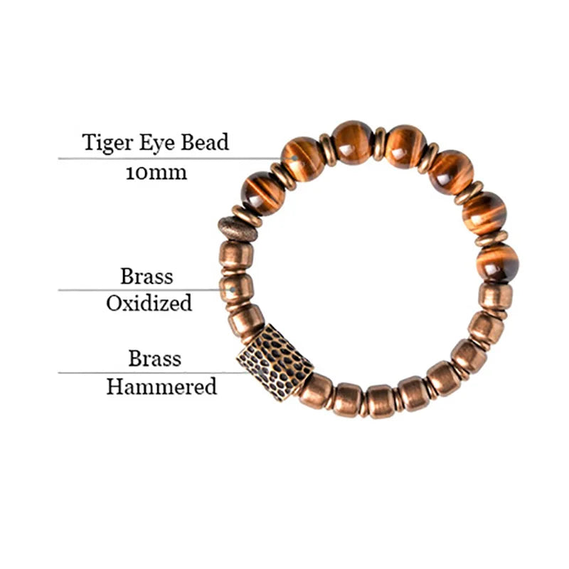 Bracelet Oeil de Tigre Doré et Breloque en Laiton Martelé – Bicolore, Homme et Femme