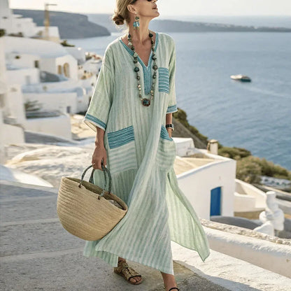 Robe Kaftan Longue Femme Coton Gaze Écru Rayures Ethniques