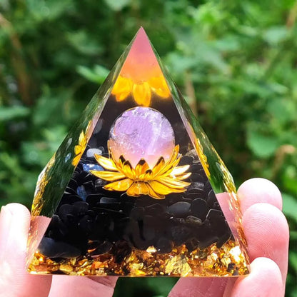 Pyramide d'Orgonite en Améthyste et Obsidienne