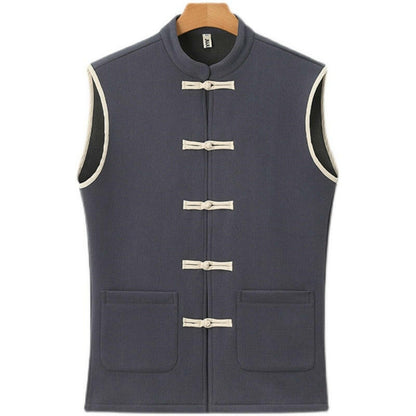 "Mǎjiǎ" Gilet Traditionnel Tang Brodé en Lin et Coton