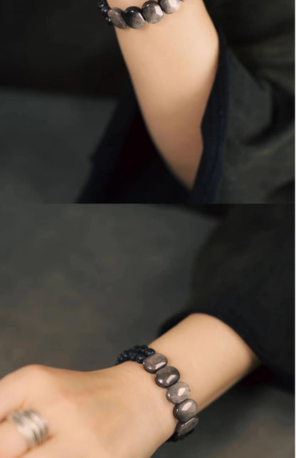 Bracelet Deux Rangs Obsidienne Plate, Pierre de Lave et Ébène – Style Punk Unisexe
