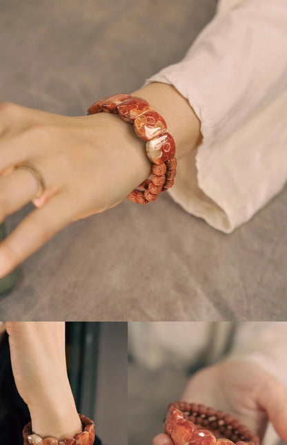 Bracelet Double Rang Rudraksha, Pierre Corail et Laiton – Bijou Oriental de Couple