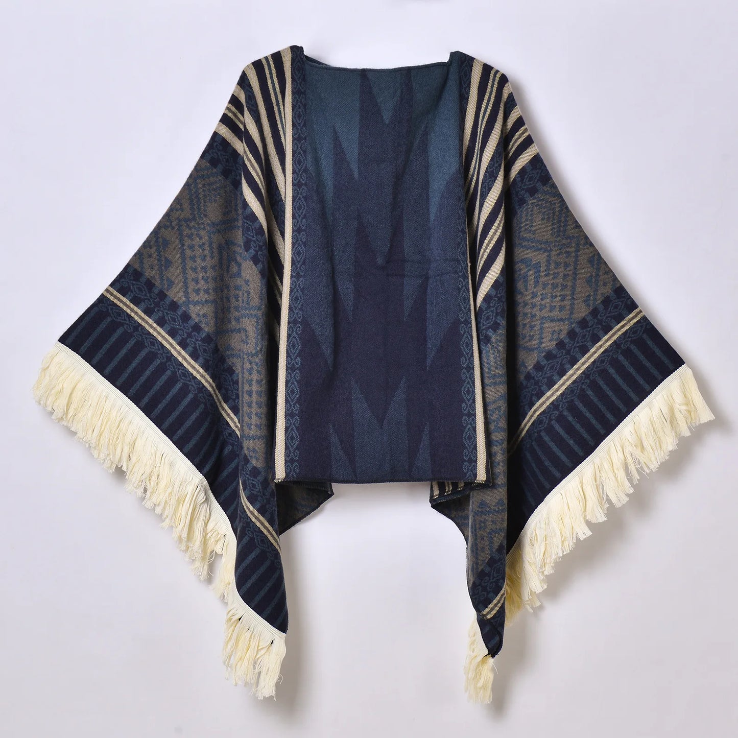 Poncho Ethnique à Franges - Style Bohème & Jacquard