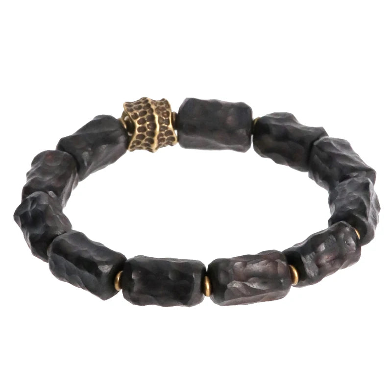 Bracelet Ébène Sculptée Rétro et Breloque Vajra en Laiton – Bois Noir Véritable