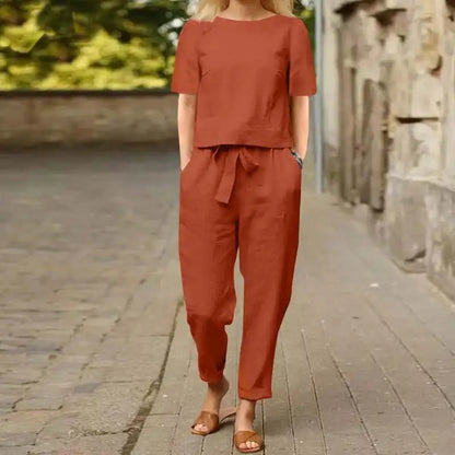 "Satori" Ensemble femme en coton et lin | Tenue deux pièces, haut manches courtes et pantalon taille haute