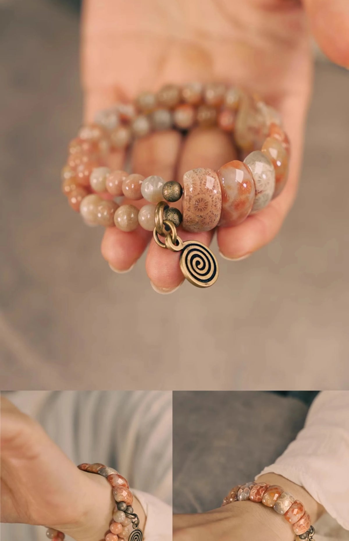 Bracelet Double Rang Pierre Corail et Laiton – Bijou Oriental de Prospérité