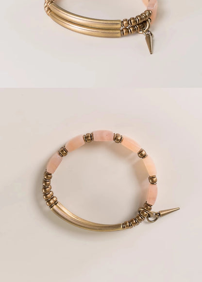 Bracelet Double Rang Quartz Rose Carré et Laiton Vintage – Cadeau pour Femme