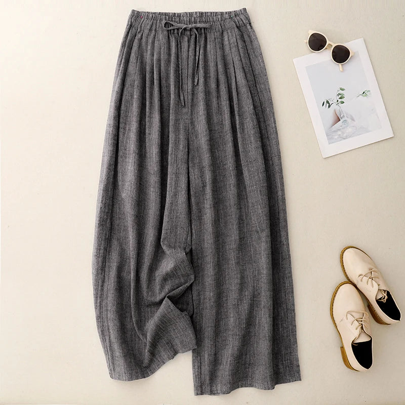"Kumo" Pantalon large femme en coton et lin | Taille haute droite, élégant et léger