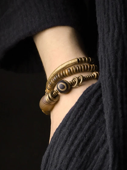 Bracelet Multirang Bois de Vera et Sardonyx – Perles Tibétaines en Cuivre Vieilli