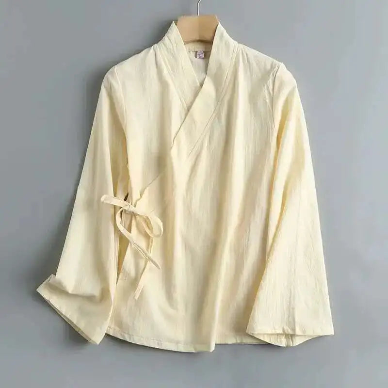 "Yuki" Chemise femme en lin style Hanfu | Blouse croisée à manches longues, inspiration vintage