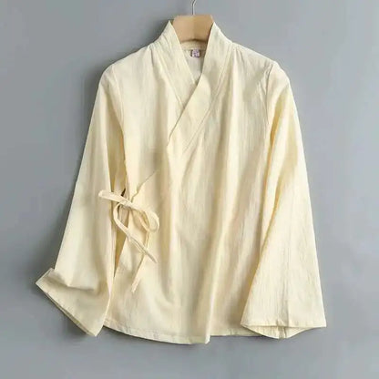"Yuki" Chemise femme en lin style Hanfu | Blouse croisée à manches longues, inspiration vintage