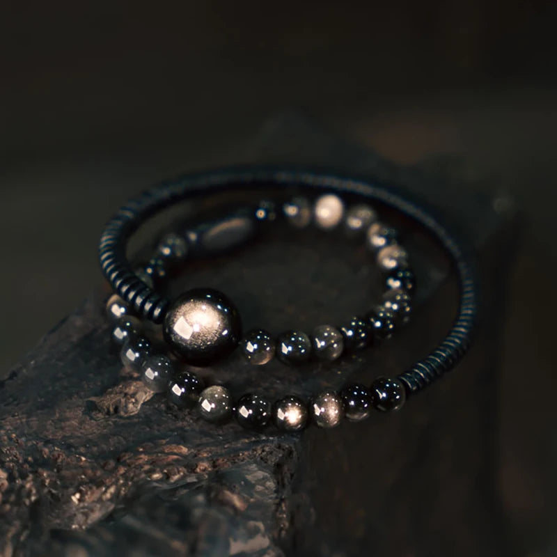 Bracelet Deux Rangs Pierres d'Obsidienne et Perles d'Ébène – Simple, Duo de Couple