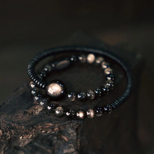 Bracelet Deux Rangs Pierres d'Obsidienne et Perles d'Ébène – Simple, Duo de Couple
